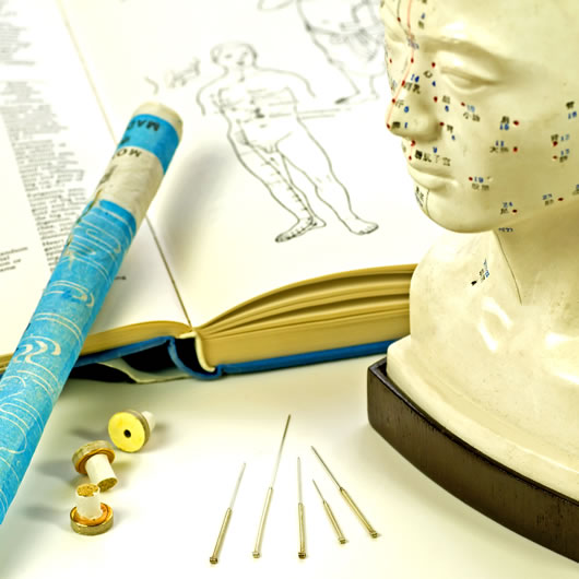 Akupunkturkopf und Lehrbuch